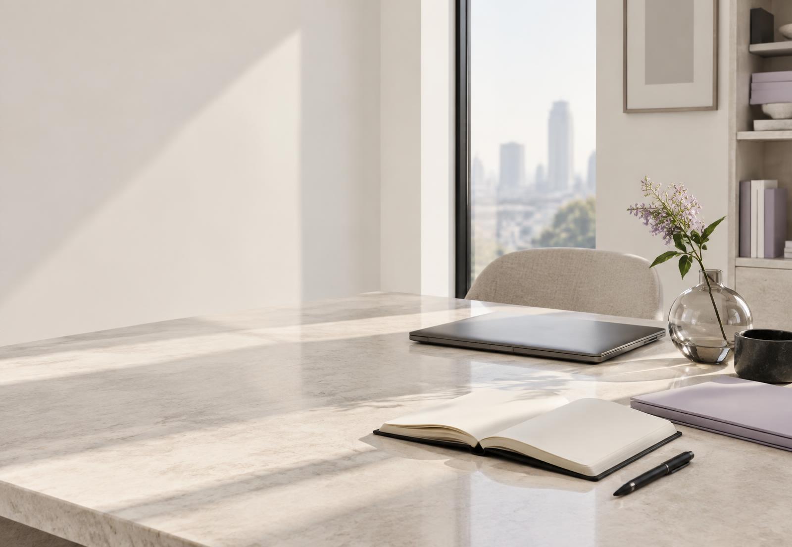 A quiet executive workspace with a notebook, laptop, and natural light